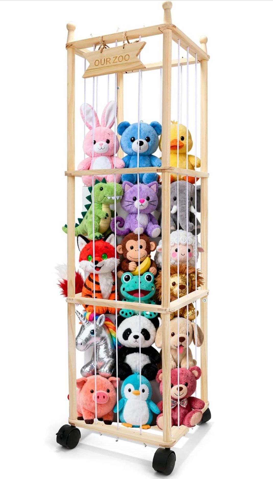 Stuffed Animal Storage Organizer, Wooden Large Stuffed Animal Holder Organizer with Wheels