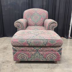 Ethan Allen Tapestry Armchair with Matching Ottoman