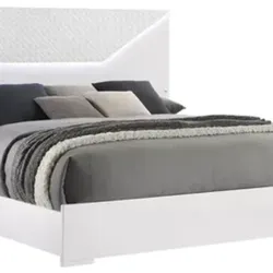 Ives White High Gloss Wood Frame Queen Panel Bed with Touch LED Light in Headboard