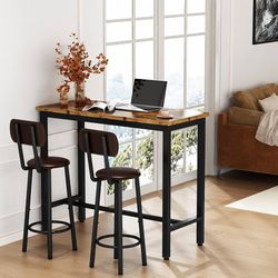 Bar Table Set of 2,39.3" Pub Height Table & 2 PU Upholstered Stools with Backrest,Industrial 3 Piece Breakfast Bar Table Sets,for Living Room,Kitchen,