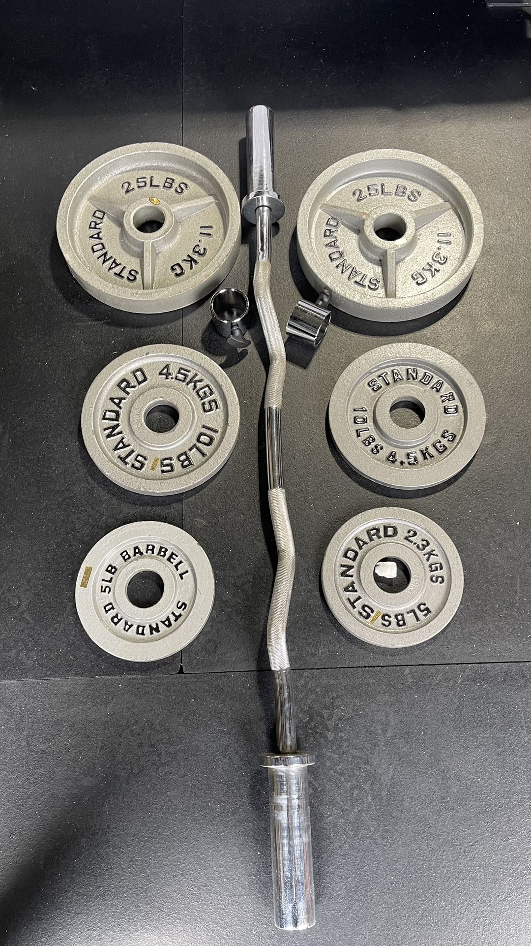OLYMPIC CURLBAR AND WEIGHTS 