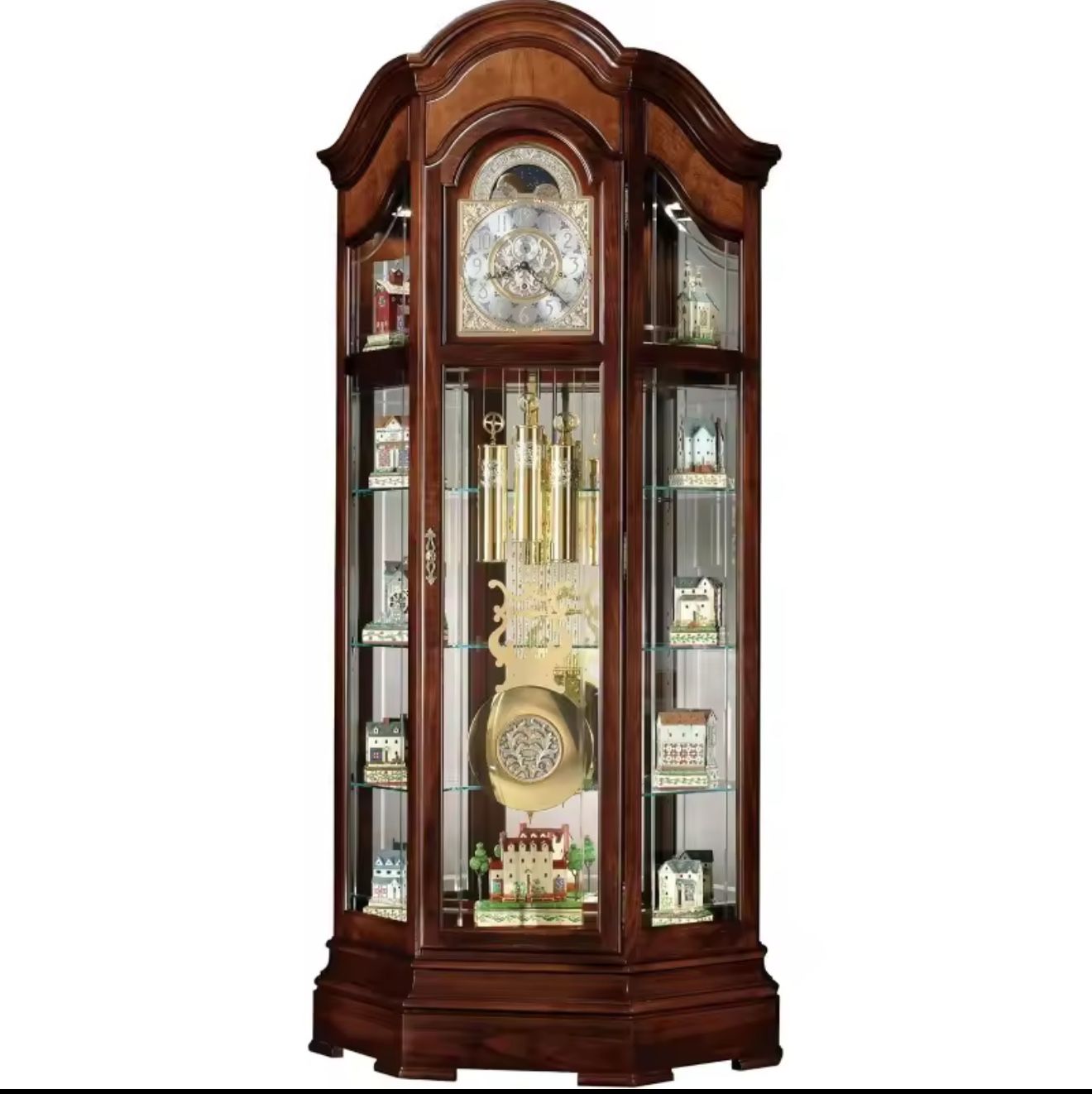 Luxury Grandfather Clock & Curio Display Cabinet – Solid Wood, Glass Shelves, LED Lights 