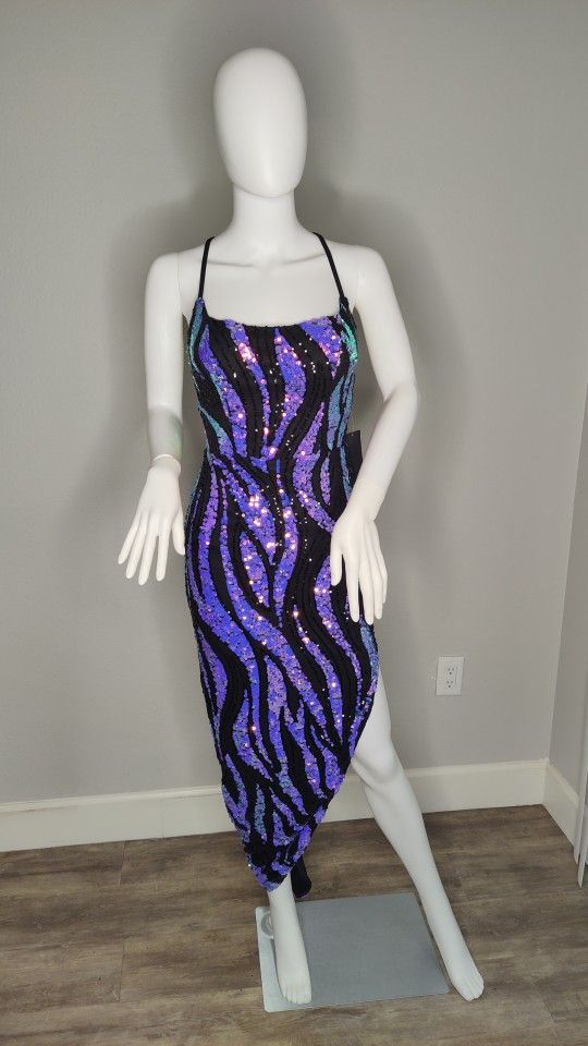 Purple And Black Sequin High Low Dress , Size 5 