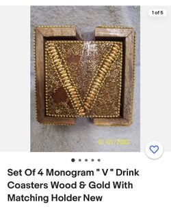 Set Of 4 Monogram " V " Drink Coasters Wood & Gold With Matching Holder Ne