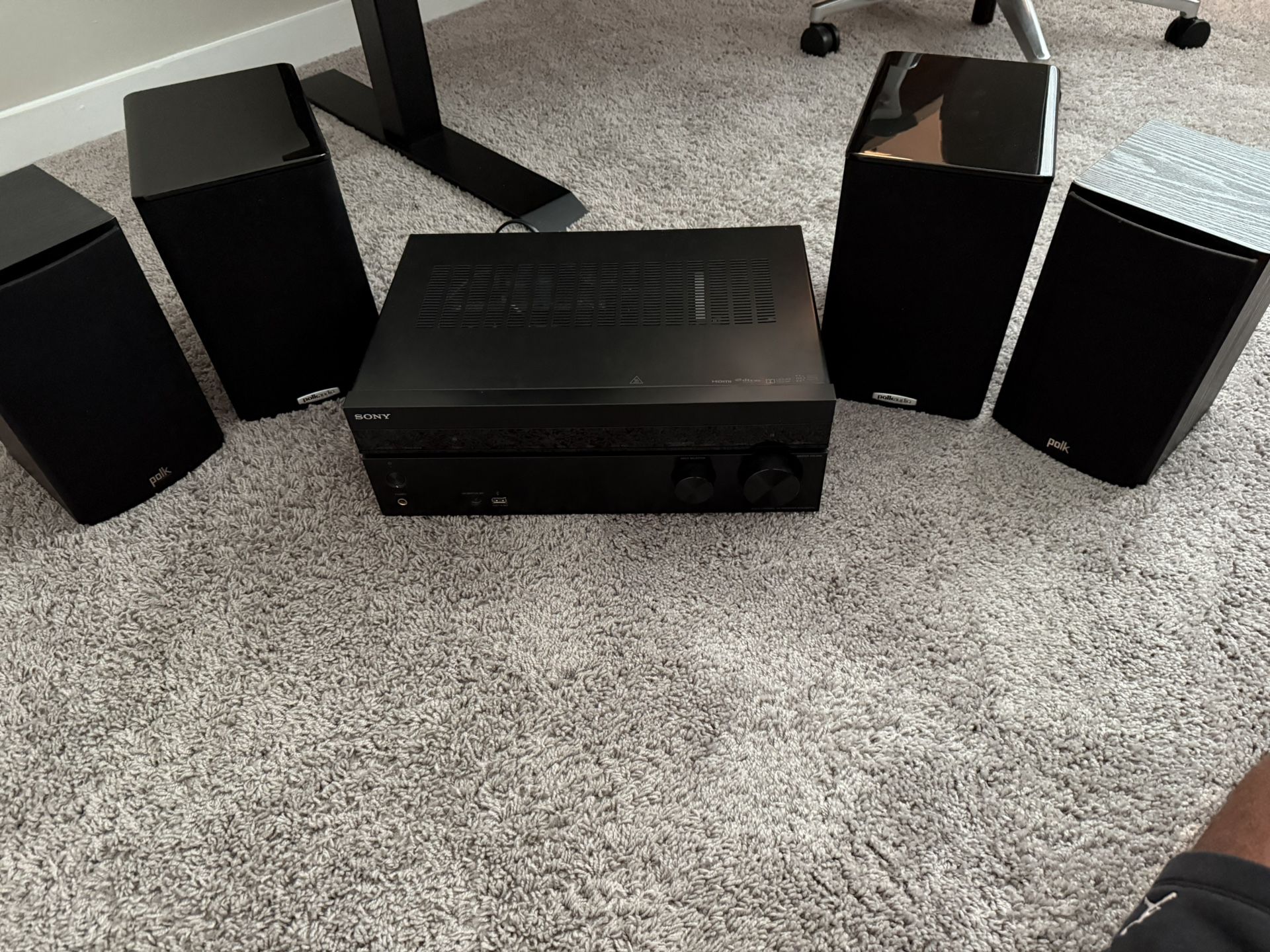 Sony 7.2 Channel Home Theater 4K AV Receiver (STRDH770) with 4 Polk audio speakers
