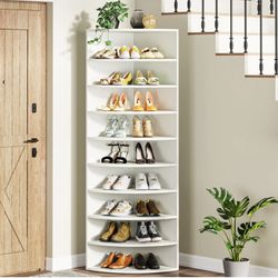 RY0080 Corner Shoe Rack, 9-Tier Wooden Shoe Shelf Cabinet with Large Storage