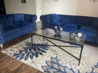 Tufted Velvet Blue 2 Piece Couch and Loveseat Set with Luxury glass coffee table. Pillows and decor Included.