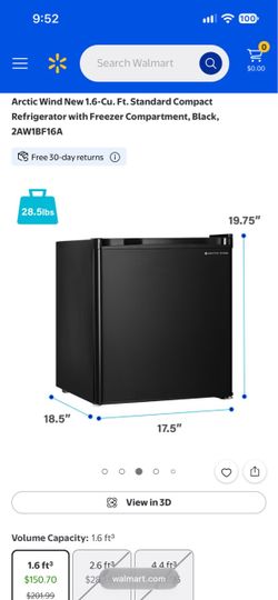 Arctic Wind 1.6 Cu Ft Standard Compact Refrigerator With Freezer Compartment, Black