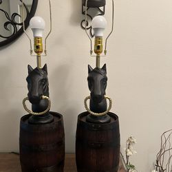 A Pair of Unique, Vintage, Cast Iron Horse Head Table Lamps on Wooden Barrel Bases