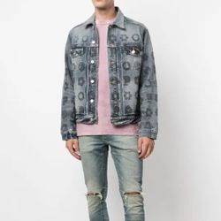 PURPLE BRAND MONOGRAM PRINT FADED DENIM JACKET SIZE LARGE