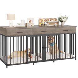 Large Dog Crate Furniture with Drawers – Rustic Pet Kennel Console Table