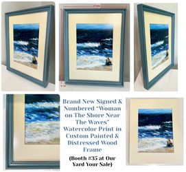 New Signed & Numbered “Woman on The Shore Near The Waves” Watercolor Print in Custom Frame