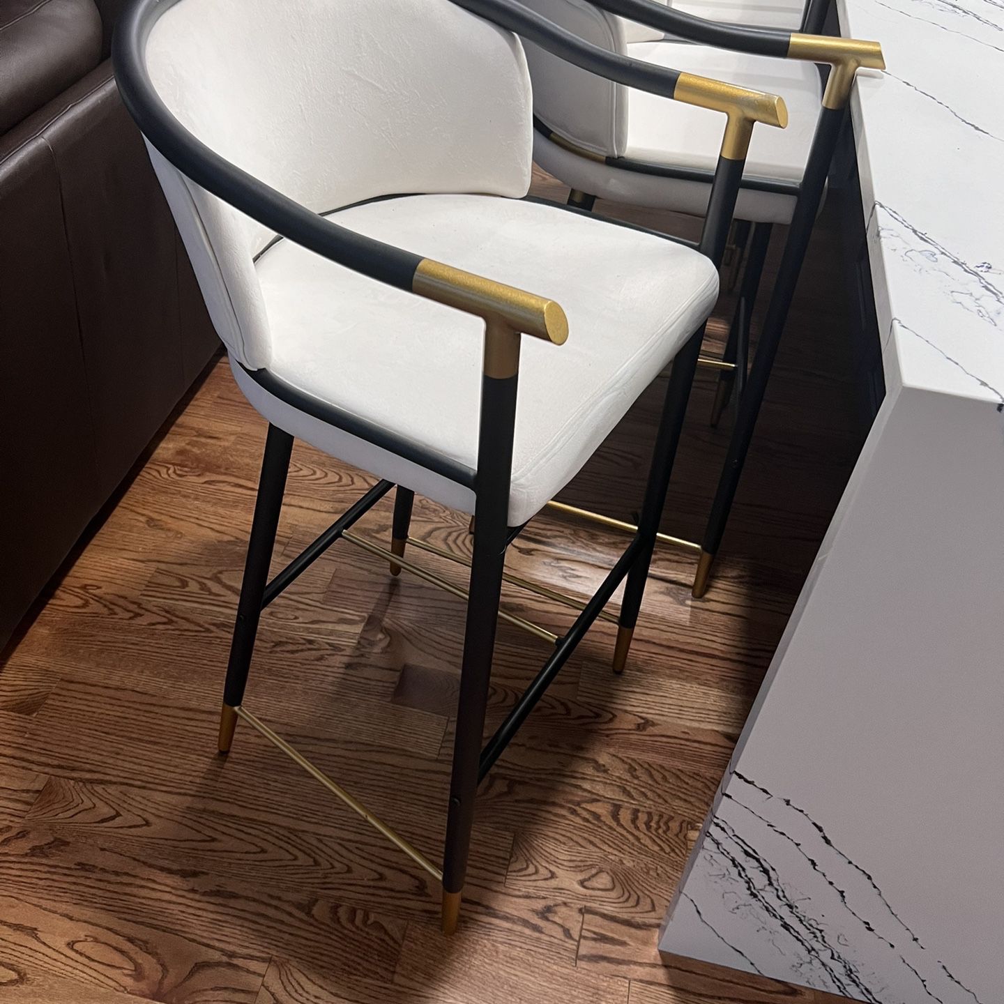 250 each - Craines Bar Height Bar Stool With Arms For Kitchen Island In Beige Upholstery Velvet