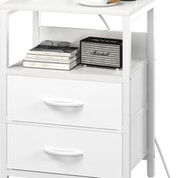 Nightstand with Charging Station, Small Night Stand with 2 Fabric Drawers and Storage Shelf