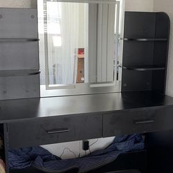 Black Vanity w/ Light Up Mirror + Stool