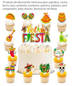 73 piezas de decoración mexicana para cupcakes, cactus burro, taco, pimienta, sombrero, guitarra, pasteles, para cumpleaños, baby shower, decoración d