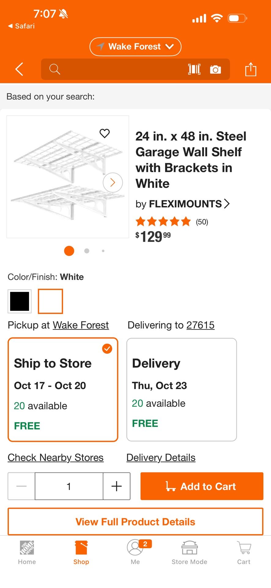 24 in. x 48 in. Steel Garage Wall Shelf with Brackets in White