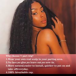 Afro Curly V Part Wig with Bouncy Curls Synthetic Kinky Straight Glueless Hair for Women No Leave out Clip in Half Wig