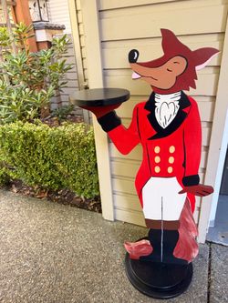 Wooden Fox Waiter Cutout Statue with Tray
