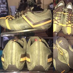 pair of brown-and-white Pony sneakers