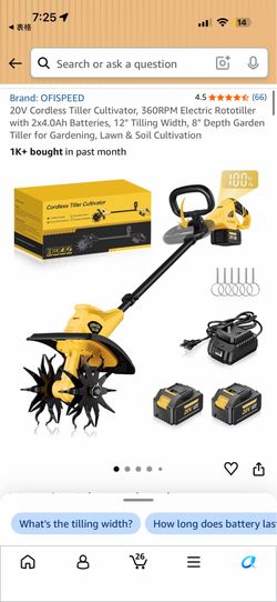 20V Cordless Tiller Cultivator with 2x4.0Ah Batteries (Yellow)