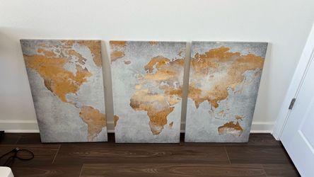 3-Piece Gold & Grey World Map Canvas Art (19x30 Each) - Great Condition