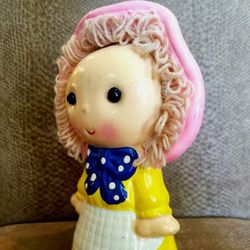 Vintage Girl Doll Yarn Hair Penny Coin Piggy Bank *Please Read Post