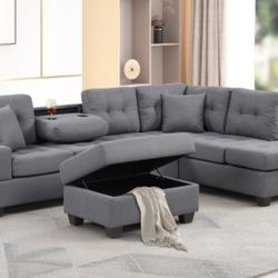 New Gray Sectional Sofa Set With Cup holders 