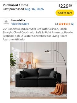 HouseMila 75" Black Boucle Modular Sofa Bed