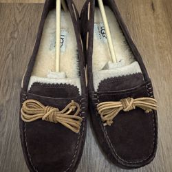 Womens UGG Black Suede Moccasin's‎ With Brown Suede Lace Accents- Size 9