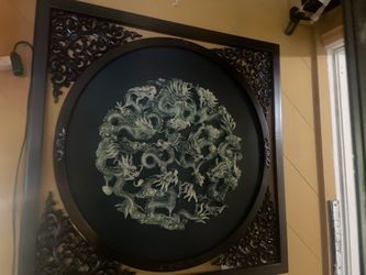 Chinese Dragon Wall Art Panel Dark Wood Frame