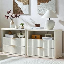 31" Fluted Nightstand Set of 2 with Charging Station, Oversized 2-Drawer Natural Wood Bedside Table with Gold Handle for Bedroom, Living Room, White