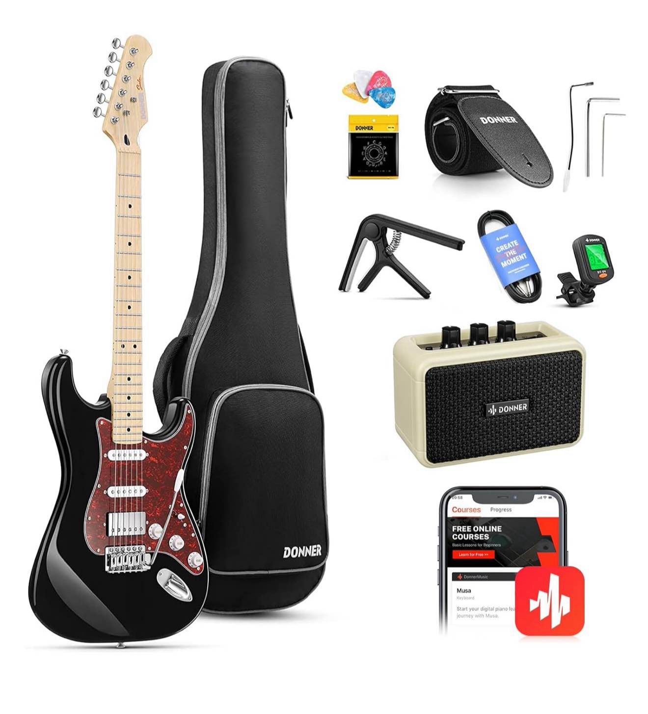 Donner, DST-152B 39" Electric Guitar Kit HSS Pickup Coil Split with Amp, Bag, Accessories, Black Solid Body Guitarra Electrica 