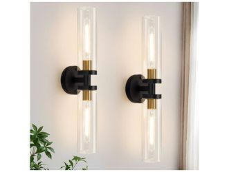 Indoi Hardwired Wall Sconces Set of Two, 22" Black and Gold Bathroom Sconces with Clear Glass, Modern Sconces Wall Decor Set of 2 Wall Light fixtures