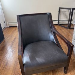 Set of 2 Mid-Century Modern Accent Chairs – Wood Frame + Black Leather