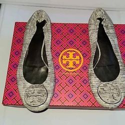 Tory Burch Designer Gray Animal Print Ballet Flats Size 6