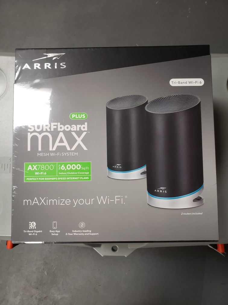 ARRIS SURFboard mAX™ Plus AX7000 Mesh Tri-Band WiFi 6 Router System. WiFi coverage of up to 6,000 sq ft homes.