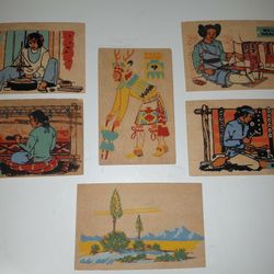 6 Vintage Wooden Native American Post Cards