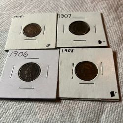 Indian Head Pennies 1905,1906,1907 &1908