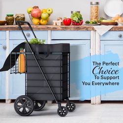 Shopping Cart w/Waterproof Basket Liner & 360° Swivel Wheels | Foldable Collapsible & Lightweight | Perfect for Groceries Laundry Utility Cart - Black