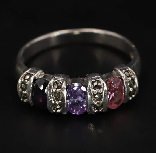 Purple and Pink CZ with Marcasite Ring Size 8.5