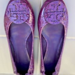 Tory Burch Reva Ballet Flats Burgundy Patent Croc Print Leather Logo Shoes Sz 9