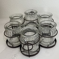 Outdoor/Home accent Ribbed Glass Candle Holder with Metal Ringed Caddy