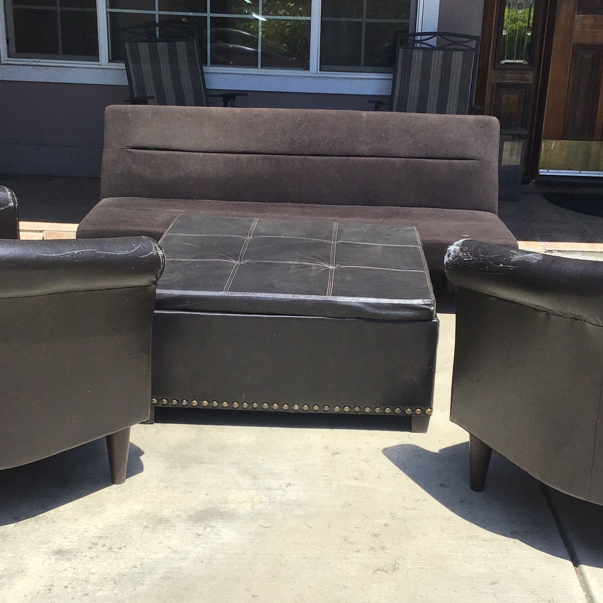 Leather Ottoman W/ Hinged Storage , Bucket Seats, Black Futon(can Be Used As Twin Sz. Bed Base)