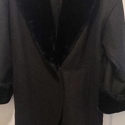 Warm Black Coat With Fur Collar And Fur Cuffs And Pockets