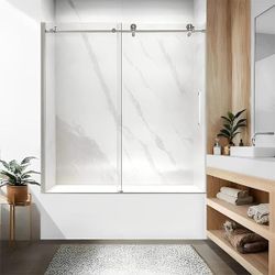 1676 60 in. W x 60 in. H Sliding Frameless Tub Door in Brushed Nickel Finish with Clear Glass