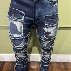 Bleecker&Mercer Denim Jean Blue Camo Stack Flare Fit