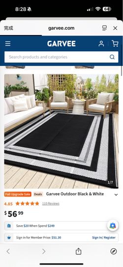 GARVEE 8x10 ft Waterproof Outdoor Rug – Black & White