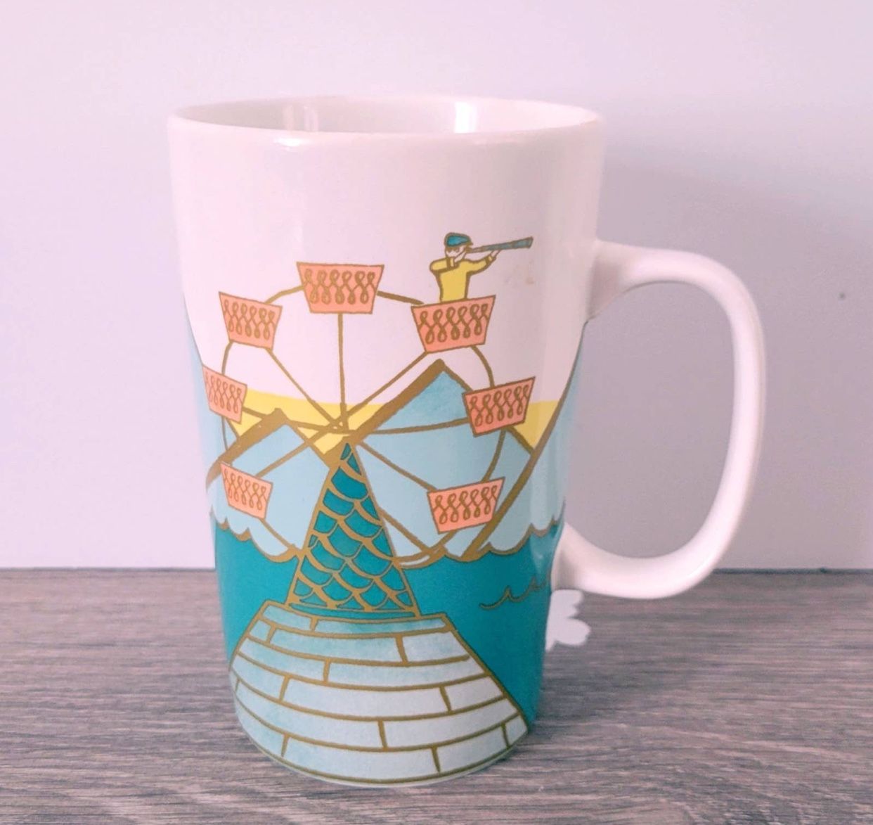 2015 starbucks ceramic cup a man with telescope in the orange windmill on the blue ocean wave 16 fl oz/ 473 ml made in Thailand   Starbucks Dot Collec