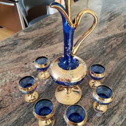 Vintage Venetian Glass Decanter With 6 Glasses
